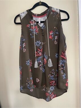 Xhilaration Olive Floral Tassel Tank with Blue and Red Accents